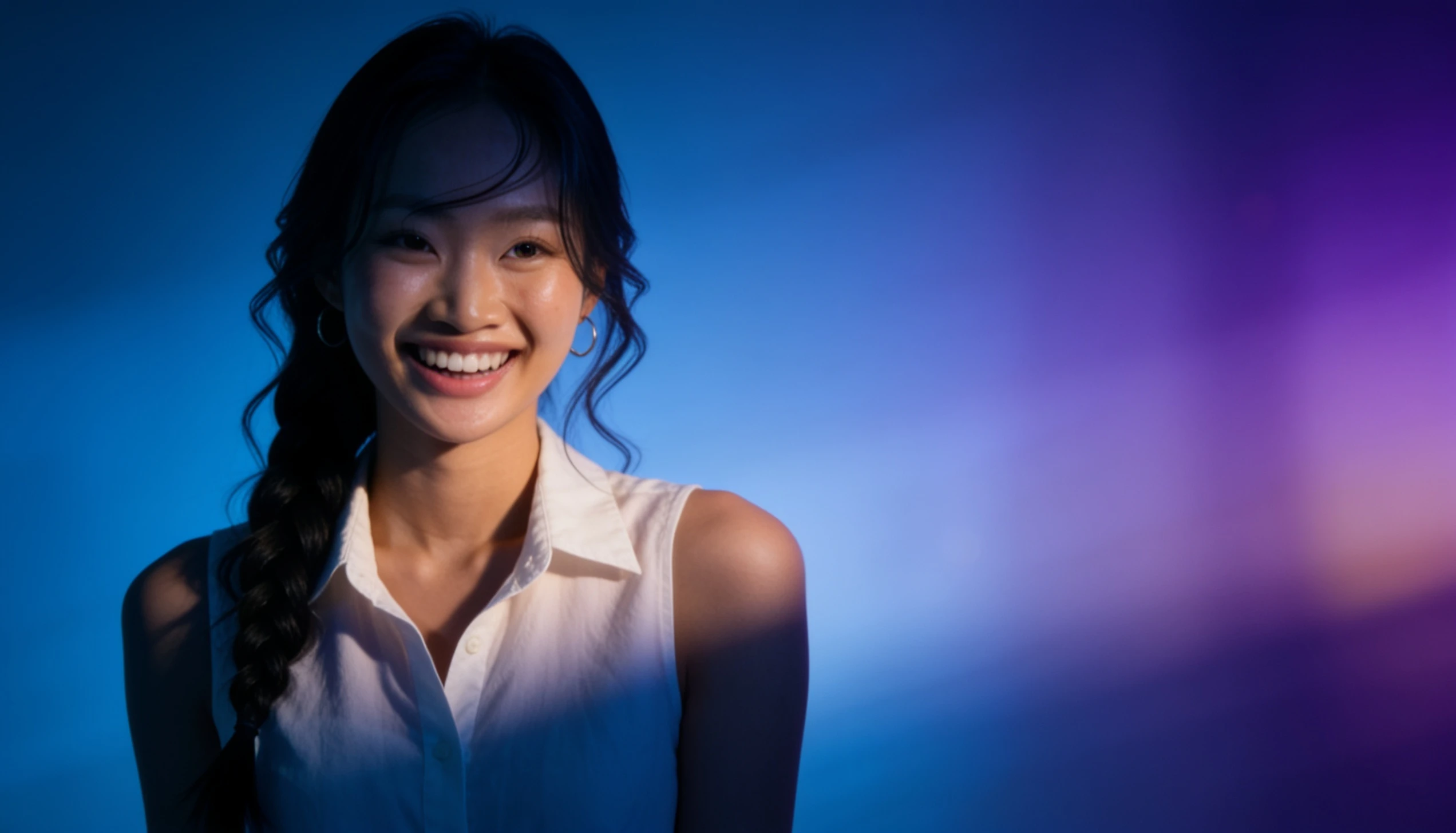 Woman smiling, mid-transformation